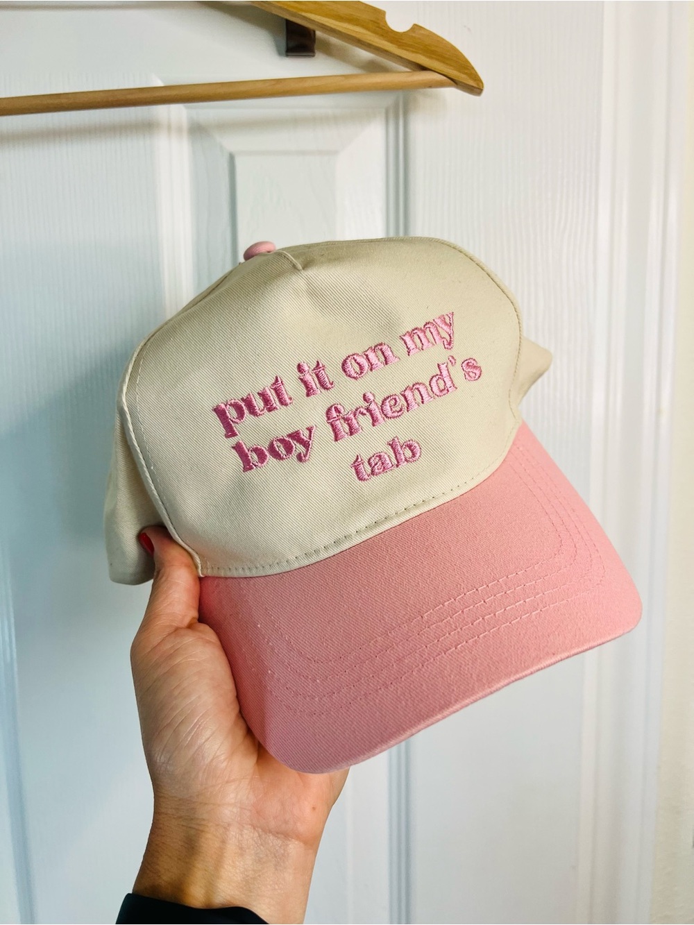 Two-Tone Cream & Pink Embroidered Slogan Baseball Cap